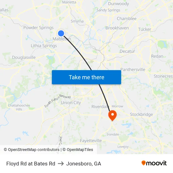 Floyd Rd at Bates Rd to Jonesboro, GA map