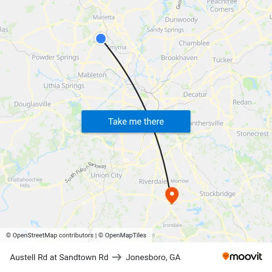 Austell Rd at Sandtown Rd to Jonesboro, GA map