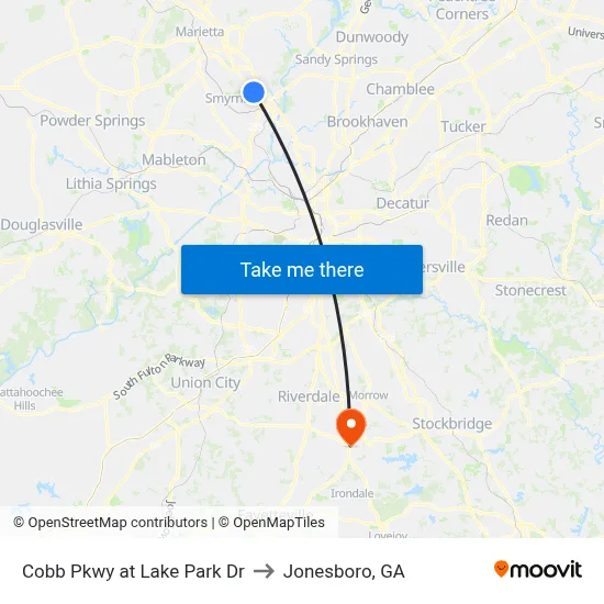 Cobb Pkwy at Lake Park Dr to Jonesboro, GA map