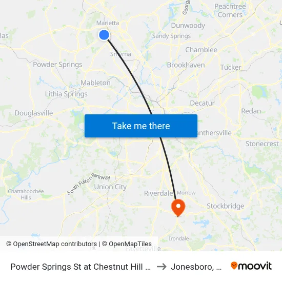 Powder Springs St at Chestnut Hill Rd to Jonesboro, GA map