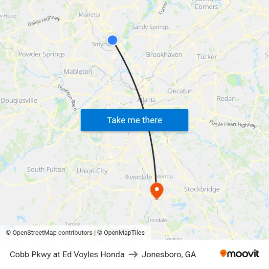 Cobb Pkwy at Ed Voyles Honda to Jonesboro, GA map