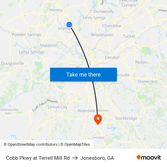 Cobb Pkwy at Terrell Mill Rd to Jonesboro, GA map