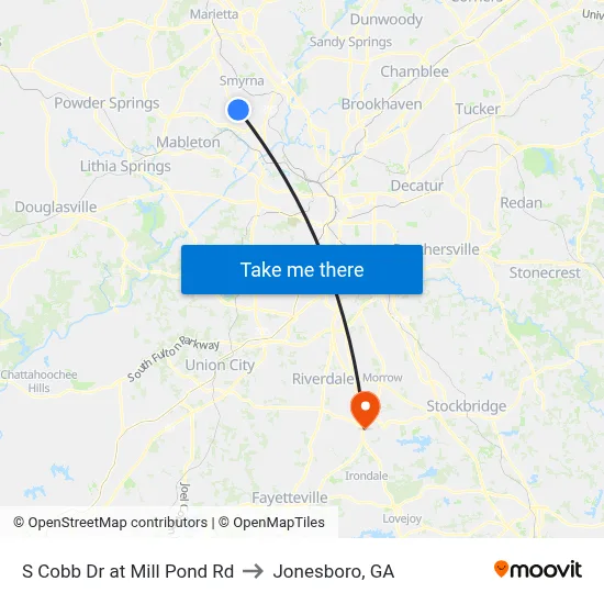 S Cobb Dr at Mill Pond Rd to Jonesboro, GA map