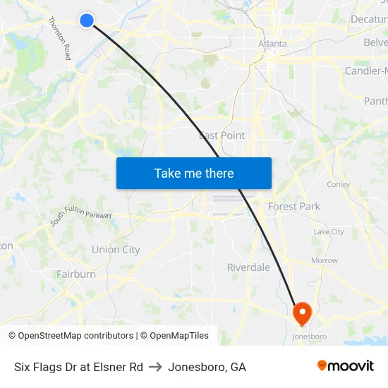 Six Flags Dr at Elsner Rd to Jonesboro, GA map