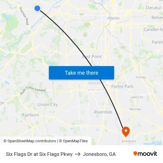 Six Flags Dr at Six Flags Pkwy to Jonesboro, GA map