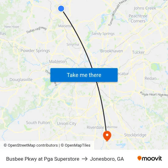 Busbee Pkwy at Pga Superstore to Jonesboro, GA map