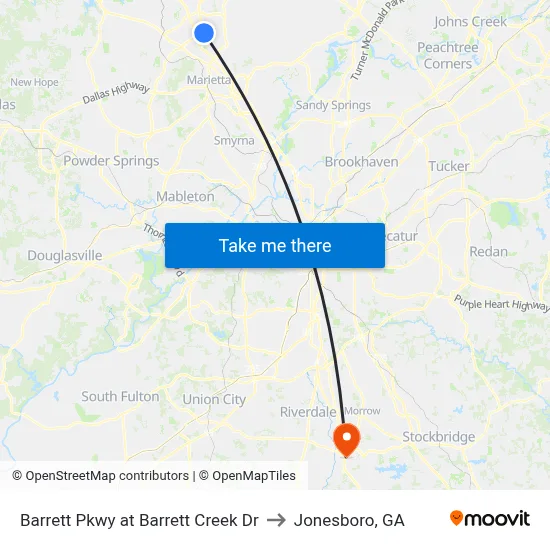 Barrett Pkwy at Barrett Creek Dr to Jonesboro, GA map