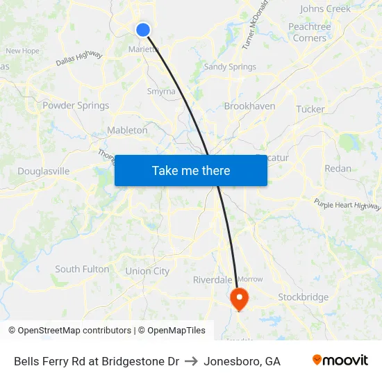 Bells Ferry Rd at Bridgestone Dr to Jonesboro, GA map