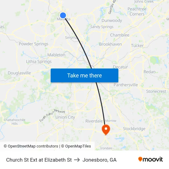 Church St Ext at Elizabeth St to Jonesboro, GA map