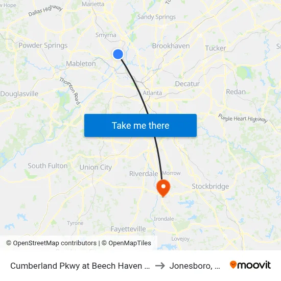 Cumberland Pkwy at Beech Haven Tr to Jonesboro, GA map