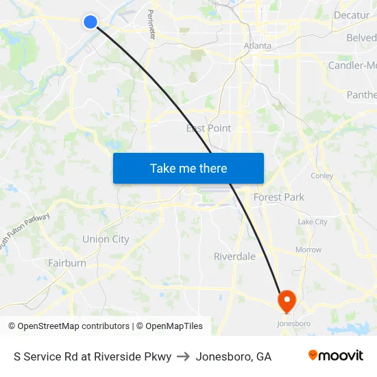 S Service Rd at Riverside Pkwy to Jonesboro, GA map