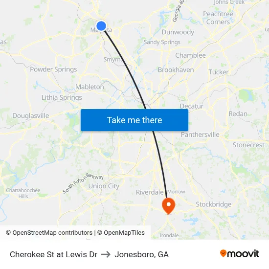 Cherokee St at Lewis Dr to Jonesboro, GA map