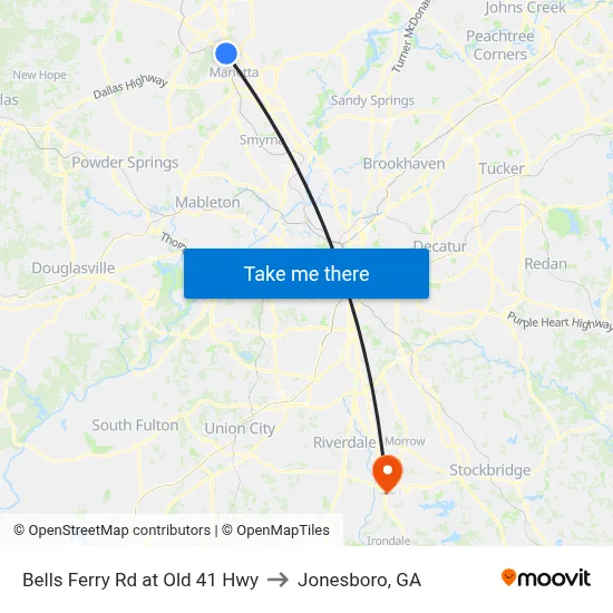 Bells Ferry Rd at Old 41 Hwy to Jonesboro, GA map
