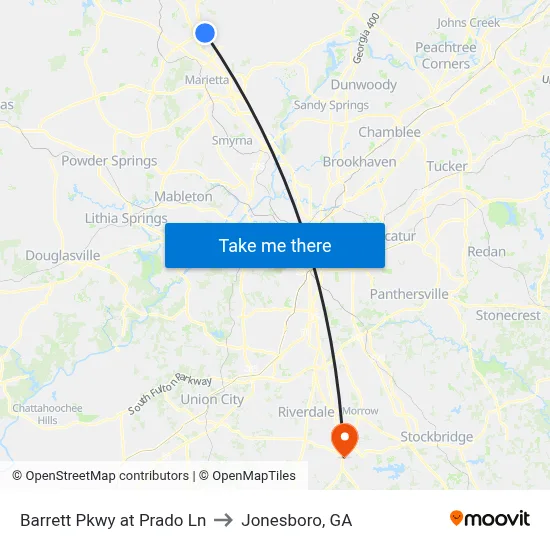 Barrett Pkwy at Prado Ln to Jonesboro, GA map