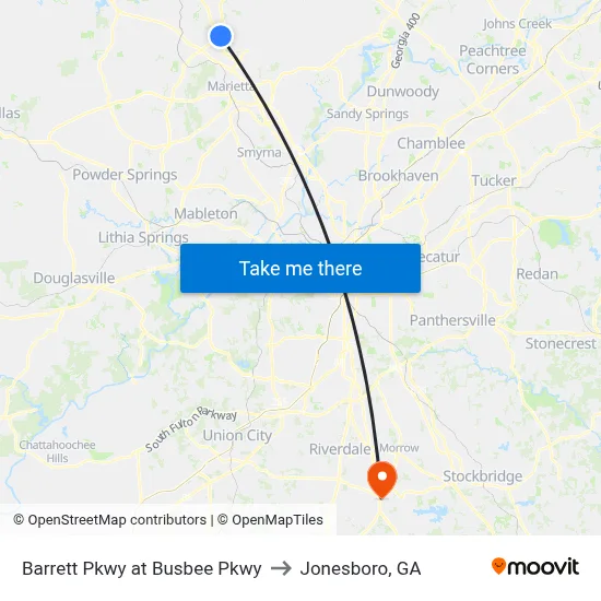 Barrett Pkwy at Busbee Pkwy to Jonesboro, GA map