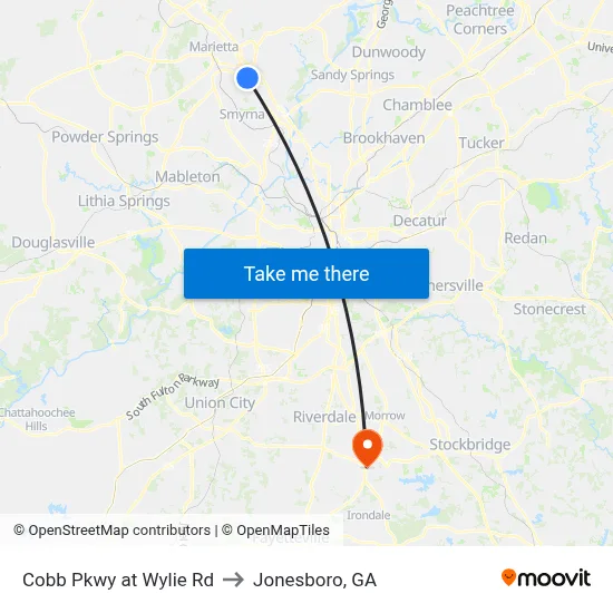Cobb Pkwy at Wylie Rd to Jonesboro, GA map