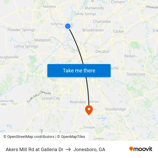 Akers Mill Rd at Galleria Dr to Jonesboro, GA map