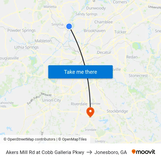 Akers Mill Rd at Cobb Galleria Pkwy to Jonesboro, GA map