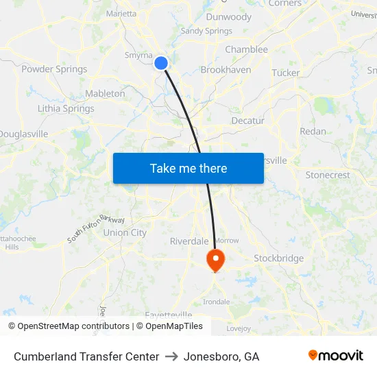 Cumberland Transfer Center to Jonesboro, GA map