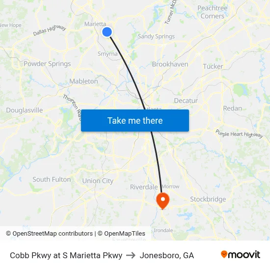 Cobb Pkwy at S Marietta Pkwy to Jonesboro, GA map
