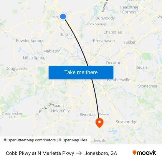 Cobb Pkwy at N Marietta Pkwy to Jonesboro, GA map