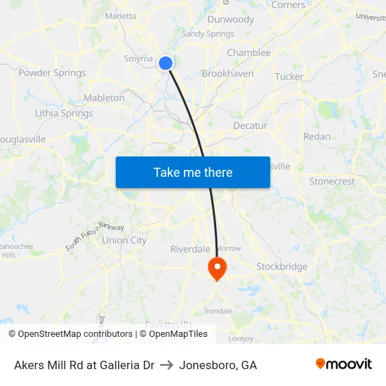 Akers Mill Rd at Galleria Dr to Jonesboro, GA map