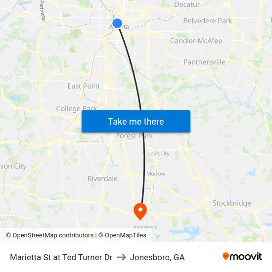 Marietta St at Ted Turner Dr to Jonesboro, GA map