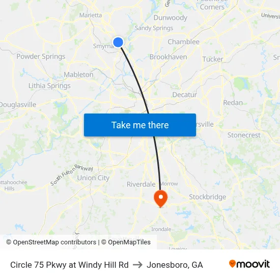 Circle 75 Pkwy at Windy Hill Rd to Jonesboro, GA map