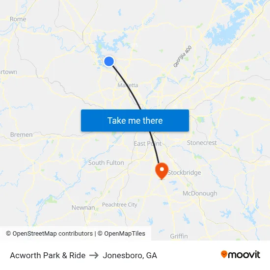 Acworth Park & Ride to Jonesboro, GA map