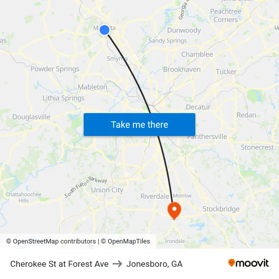 Cherokee St at Forest Ave to Jonesboro, GA map