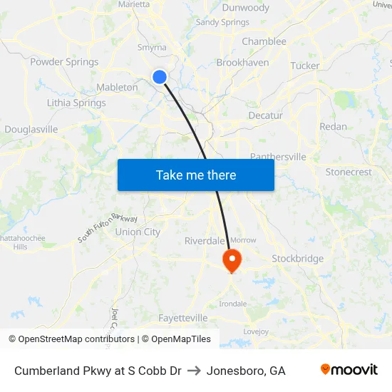 Cumberland Pkwy at S Cobb Dr to Jonesboro, GA map