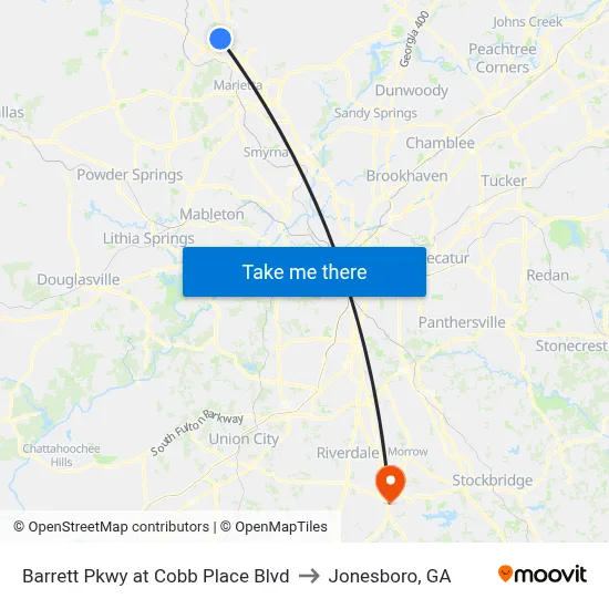 Barrett Pkwy at Cobb Place Blvd to Jonesboro, GA map