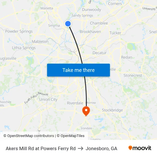 Akers Mill Rd at Powers Ferry Rd to Jonesboro, GA map