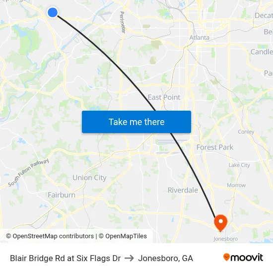 Blair Bridge Rd at Six Flags Dr to Jonesboro, GA map