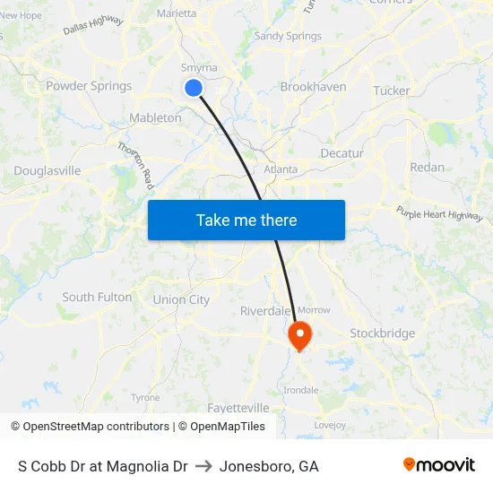 S Cobb Dr at Magnolia Dr to Jonesboro, GA map