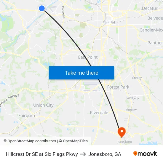 Hillcrest Dr SE at Six Flags Pkwy to Jonesboro, GA map