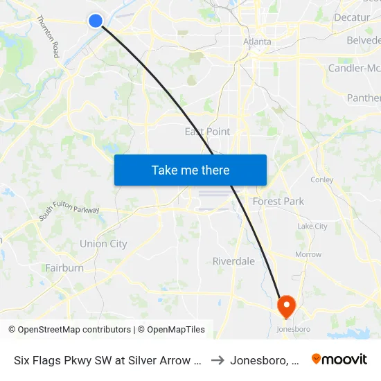 Six Flags Pkwy SW at Silver Arrow Cir to Jonesboro, GA map