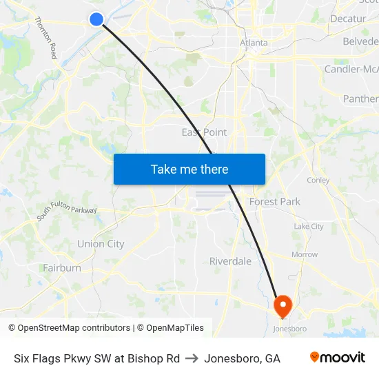 Six Flags Pkwy SW at Bishop Rd to Jonesboro, GA map