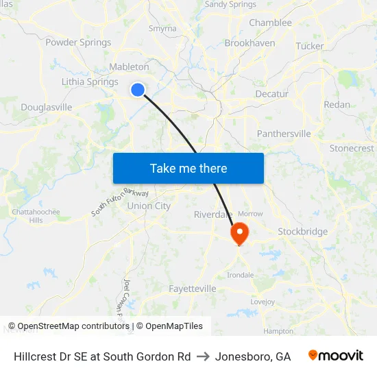 Hillcrest Dr SE at South Gordon Rd to Jonesboro, GA map