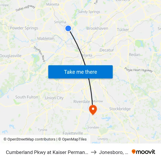 Cumberland Pkwy at Kaiser Permanente to Jonesboro, GA map