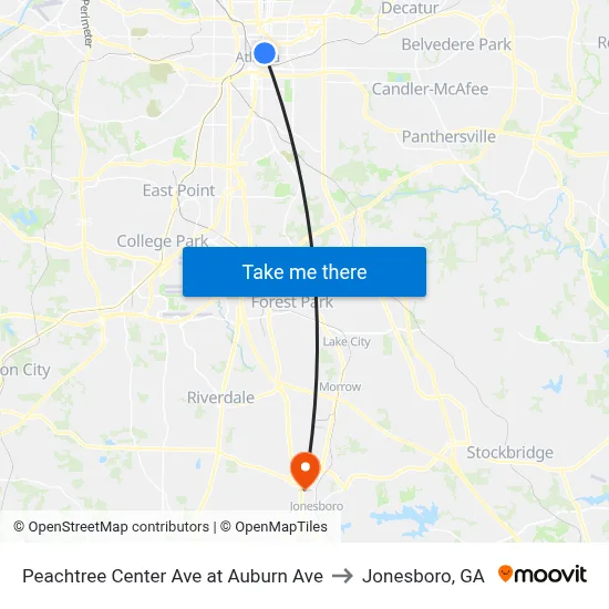 Peachtree Center Ave at Auburn Ave to Jonesboro, GA map