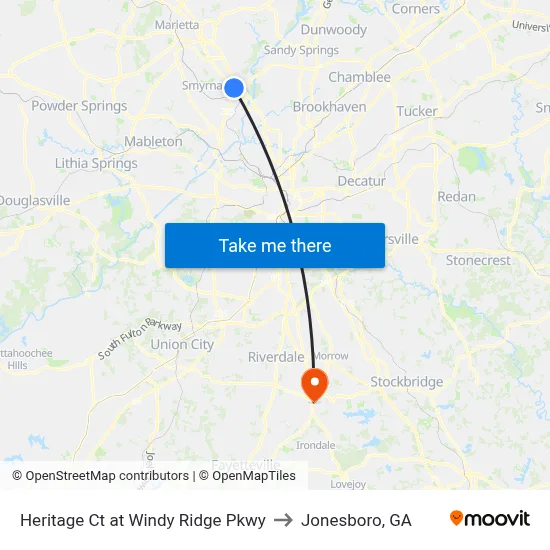 Heritage Ct at Windy Ridge Pkwy to Jonesboro, GA map