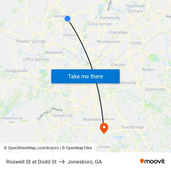 Roswell St at Dodd St to Jonesboro, GA map