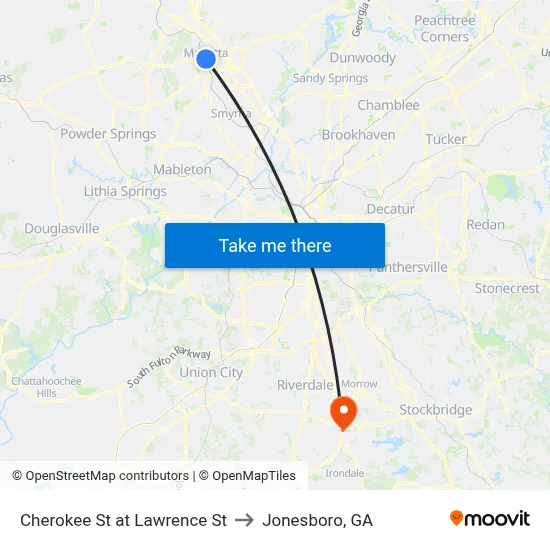 Cherokee St at Lawrence St to Jonesboro, GA map