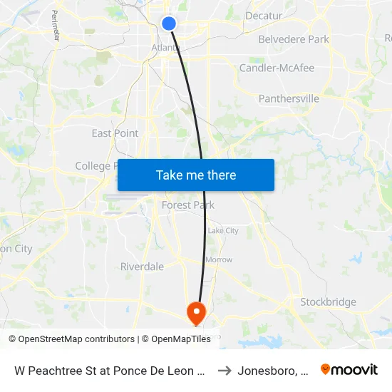 W Peachtree St at Ponce De Leon Ave to Jonesboro, GA map