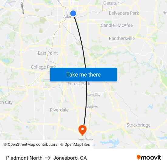 Piedmont North to Jonesboro, GA map