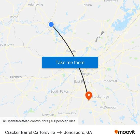 Cracker Barrel Cartersville to Jonesboro, GA map