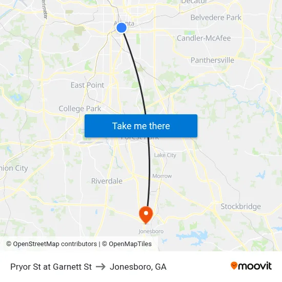 Pryor St at Garnett St to Jonesboro, GA map