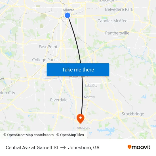 Central Ave at Garnett St to Jonesboro, GA map