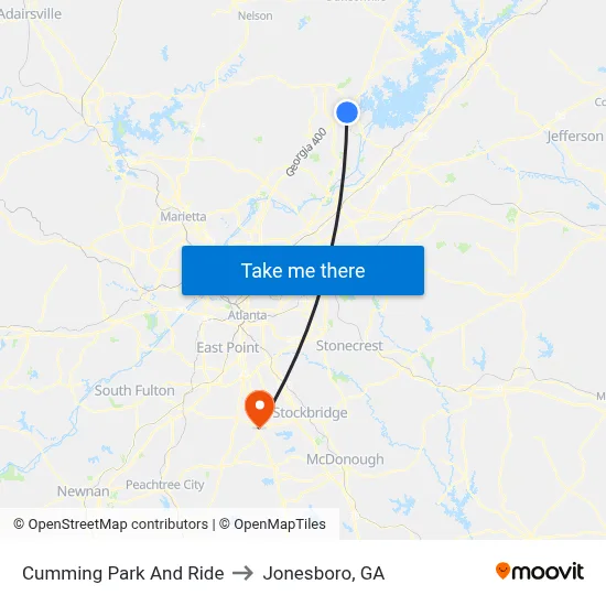 Cumming Park And Ride to Jonesboro, GA map